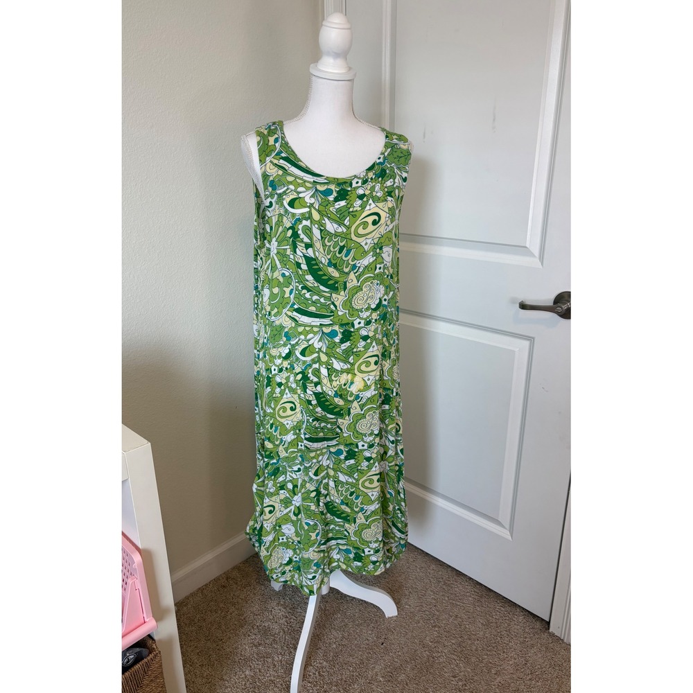 Water Lily Womens XL Green Paisley Sleeveless Rayon Shift Dress Boho Psychedelic